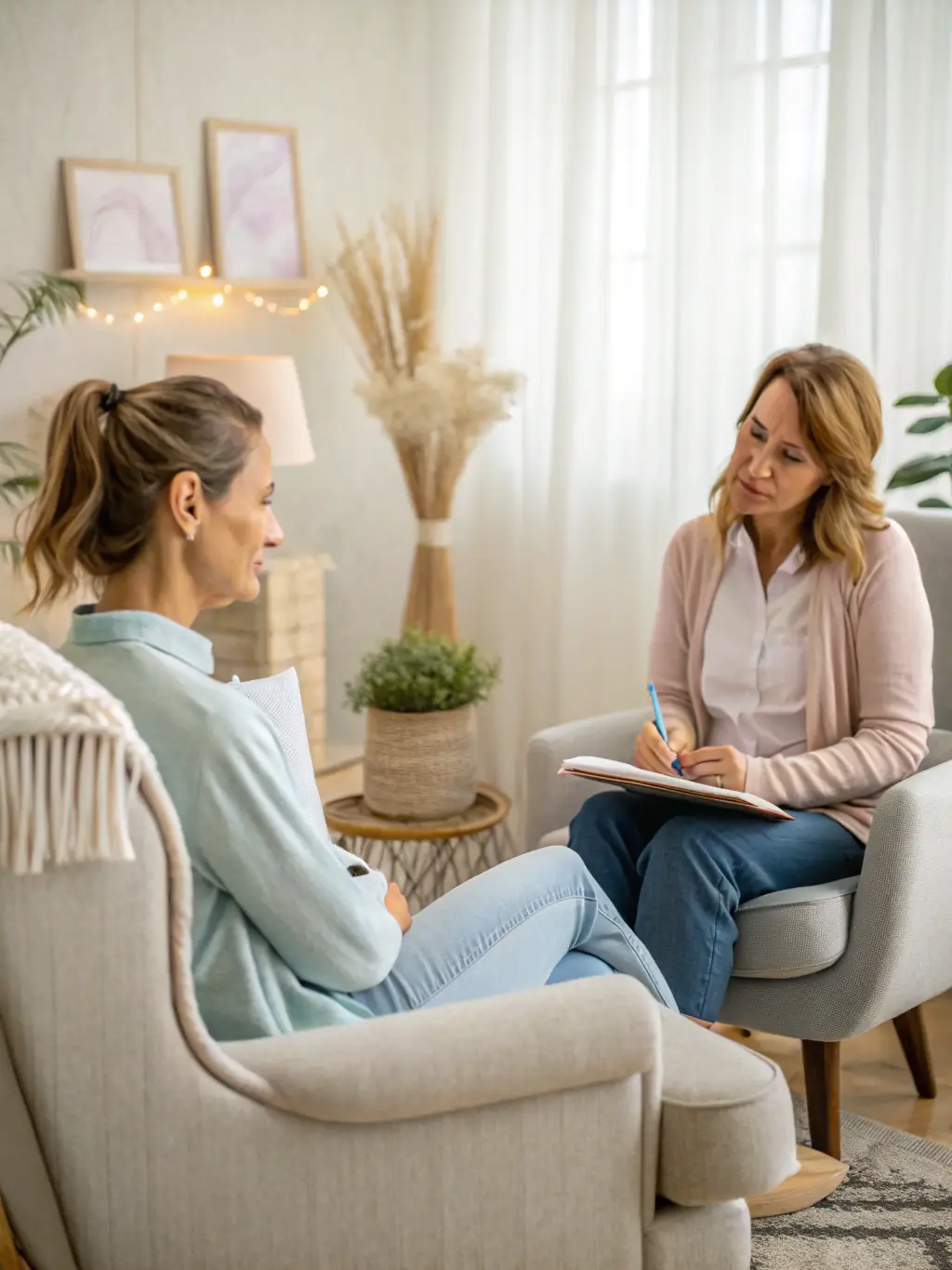 A photo of a woman receiving counseling, showing empathy and support, in a quiet and comfortable setting, representing AVAF's moral support program.