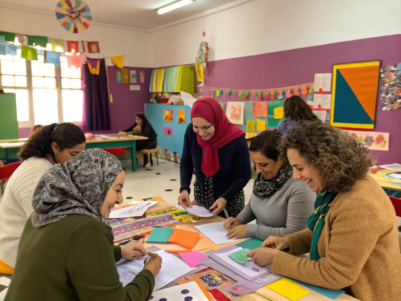 A photograph depicting a group of women participating in a workshop at AVAF, focusing on skill-building and empowerment. The setting is a bright, welcoming space with participants actively engaged in learning and sharing ideas.