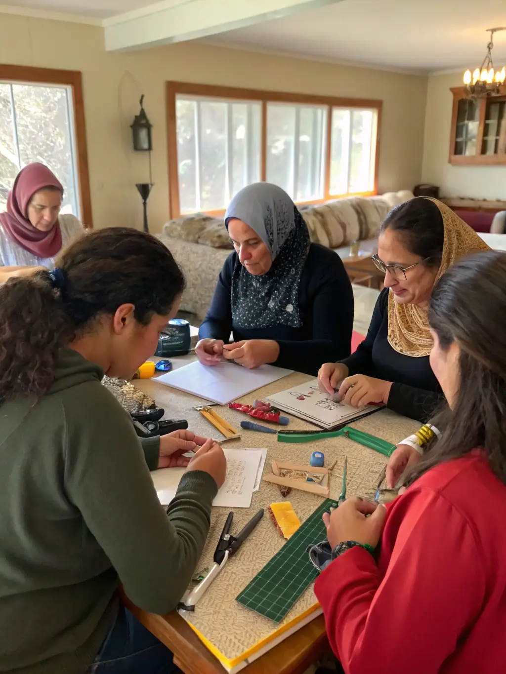 A photograph of a group of women participating in a workshop, smiling and engaged, in a brightly lit room. This image represents the educational support provided by AVAF.