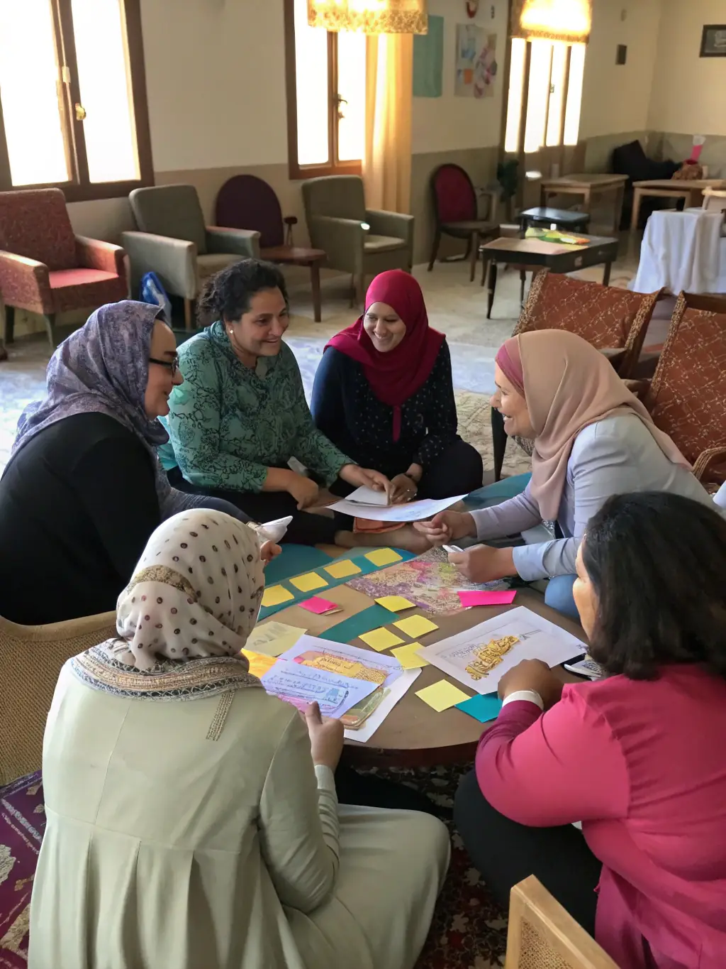 A photo of a group of women participating in a workshop, smiling and engaged, in a brightly lit room, representing AVAF's educational support program.