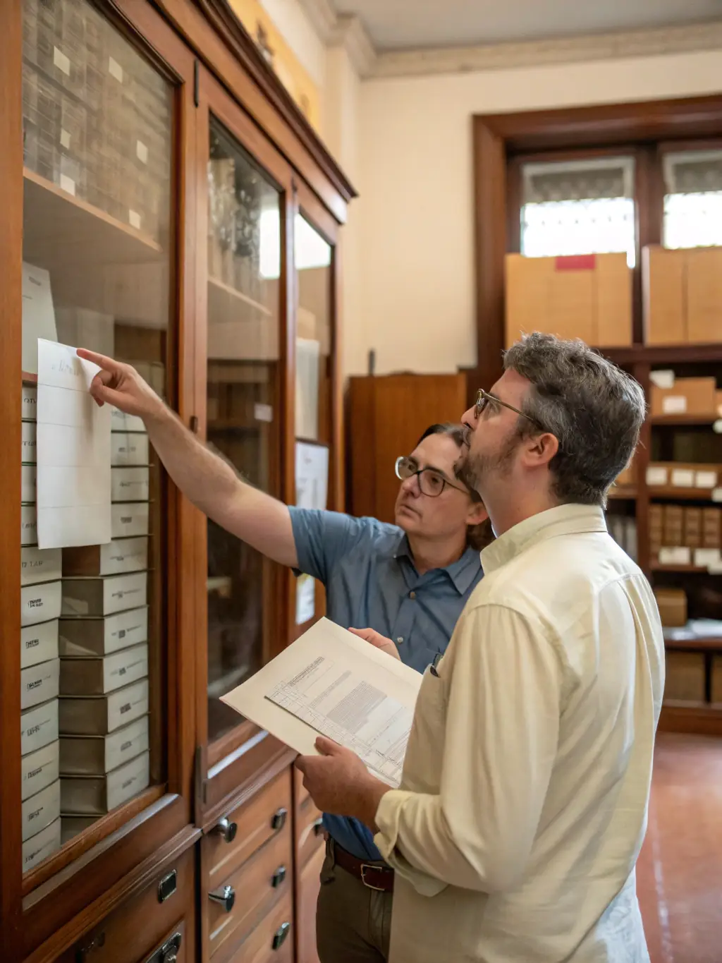 A photograph of researchers examining Denise Ferrier's personal documents in a well-lit archive, focusing on the meticulous process of preserving historical records.