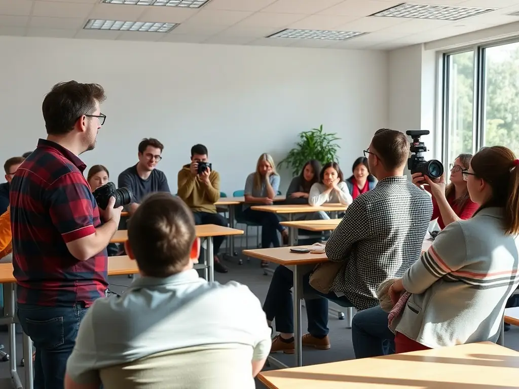 A classroom setting where an instructor is teaching a group of students about Denise Ferrier's photography. The atmosphere is engaging and interactive, with students actively participating in the discussion.