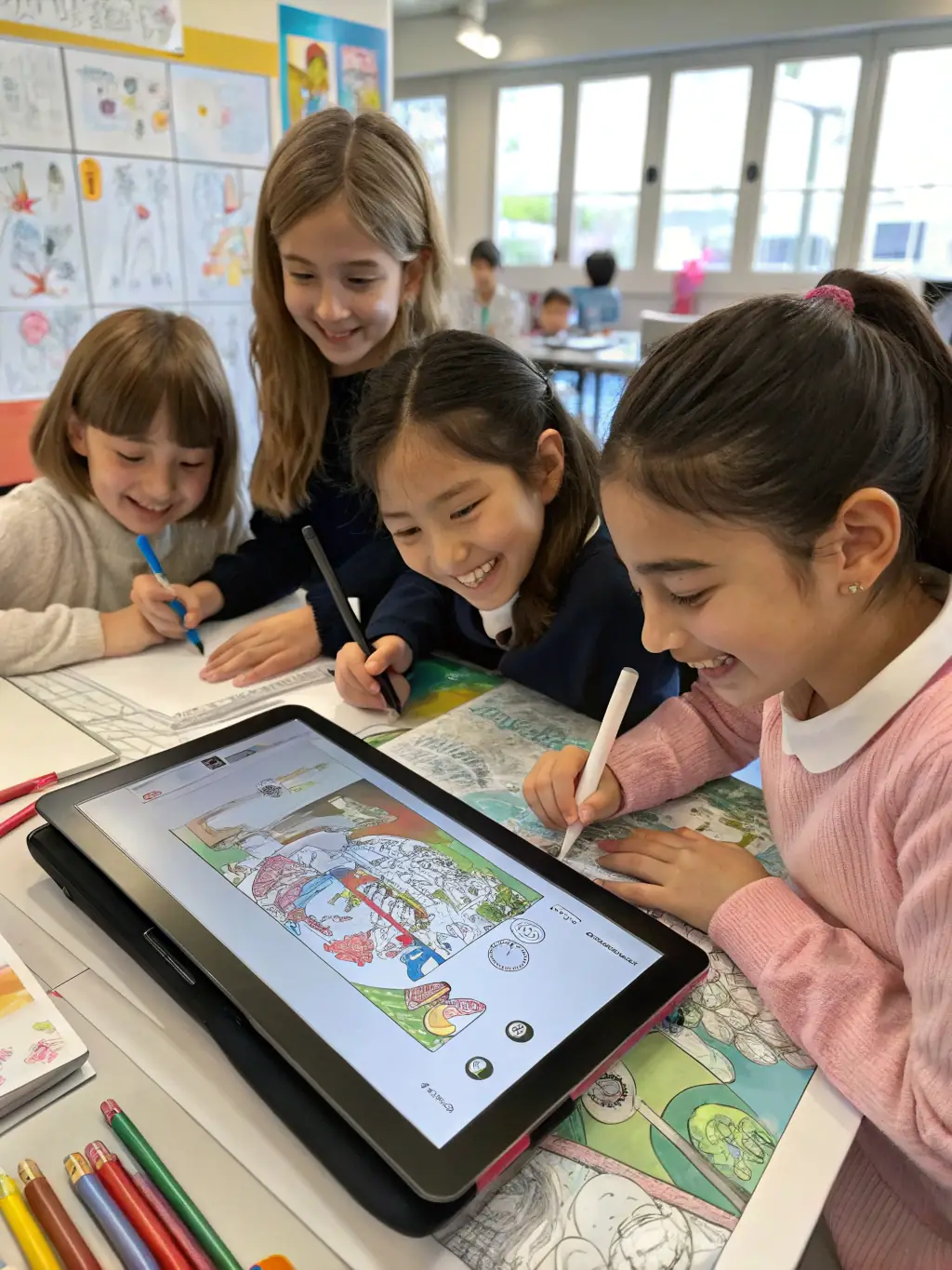 A group of students participating in an art workshop inspired by Denise Ferrier's techniques, with easels and art supplies visible.