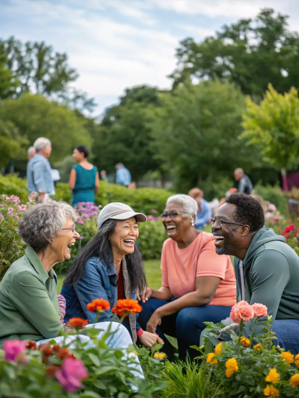 A diverse group of community members attending an outdoor exhibition of Denise Ferrier's photographs in a public park.