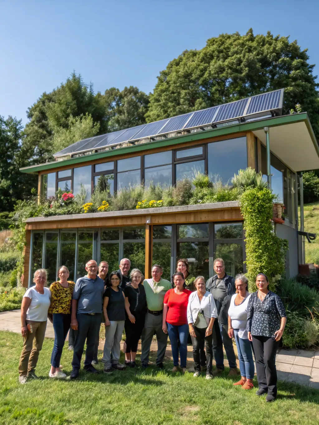 A photograph capturing a public forum on sustainable architecture, featuring architects, community members, and local officials discussing eco-friendly building practices.