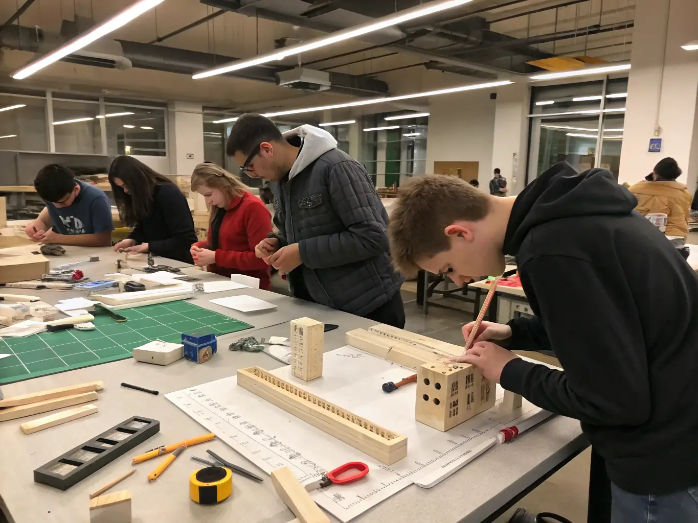 A photograph capturing a vibrant architectural workshop in Alpes-de-Haute-Provence, showcasing participants actively engaged in a design activity, surrounded by architectural models and sketches.